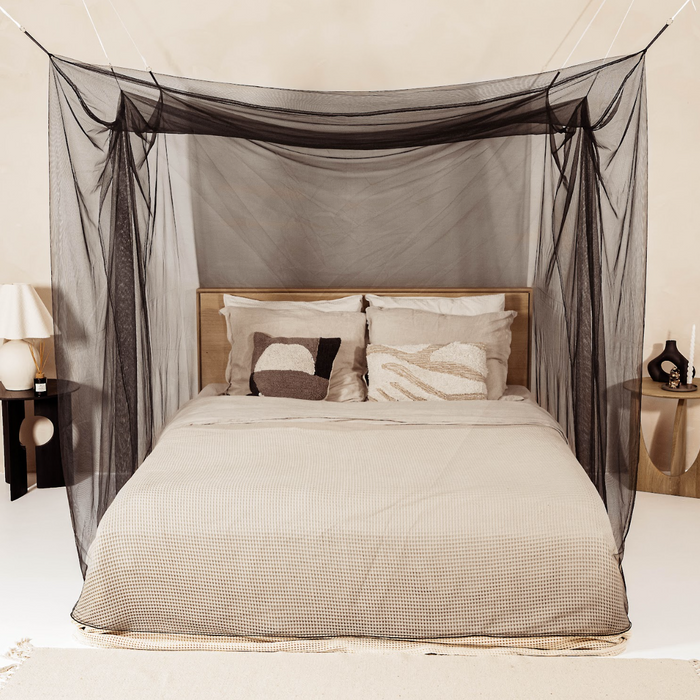 Black mosquito net for bedroom, adding elegance and protection against mosquitoes.