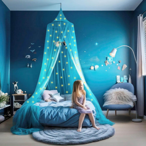 Blue princess bed canopy for girls, toddler mosquito net for kids bedroom, full size childrens twin bed, glow in the dark stars
