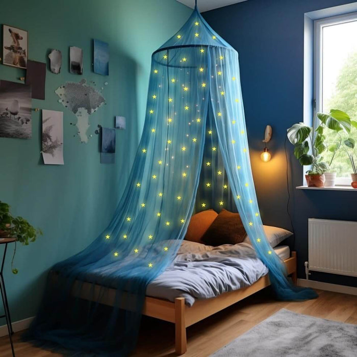 Blue princess bed canopy for girls, toddler mosquito net for kids bedroom, full size childrens twin bed, glow in the dark stars