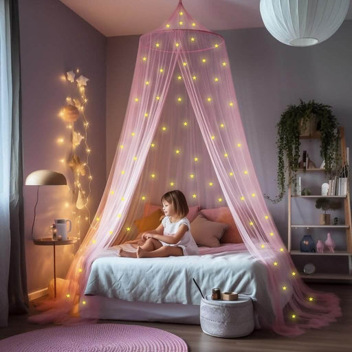 Pink princess bed canopy for girls, toddler mosquito net for kids bedroom, full size childrens twin bed, glow in the dark stars