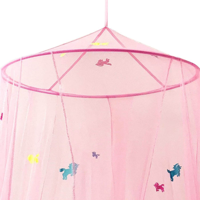 Pink princess bed canopy for girls, toddler mosquito net for kids bedroom, full size childrens twin bed, glow in the dark unicorns