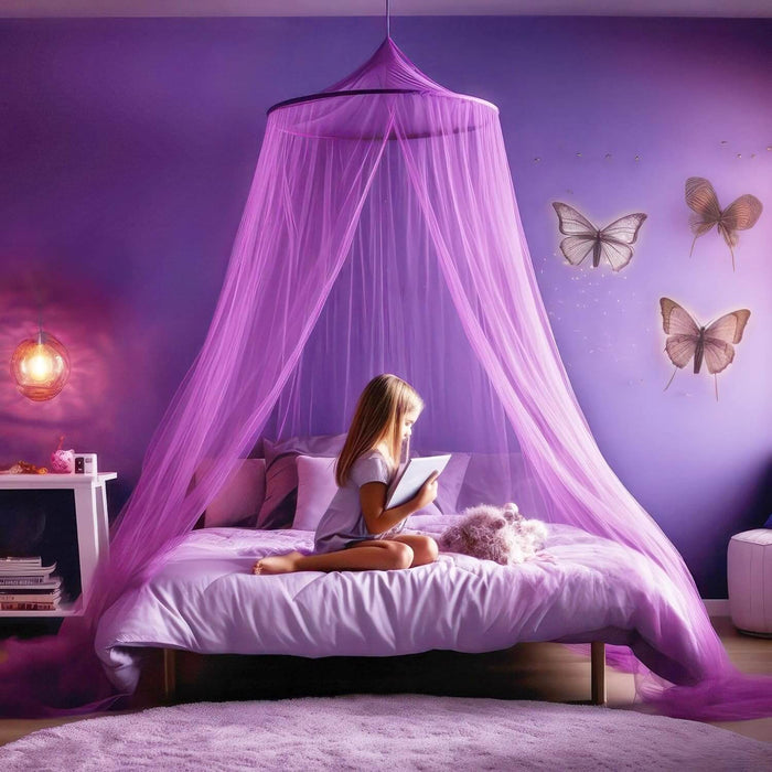 Purple princess bed canopy for girls, toddler mosquito net for kids bedroom, full size childrens twin bed