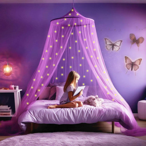 Purple princess bed canopy for girls, toddler mosquito net for kids bedroom, full size childrens twin bed, glow in the dark stars