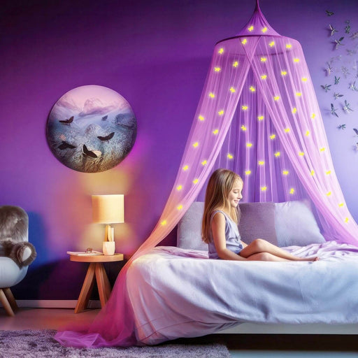 Purple princess bed canopy for girls, toddler mosquito net for kids bedroom, full size childrens twin bed, glow in the dark unicorns
