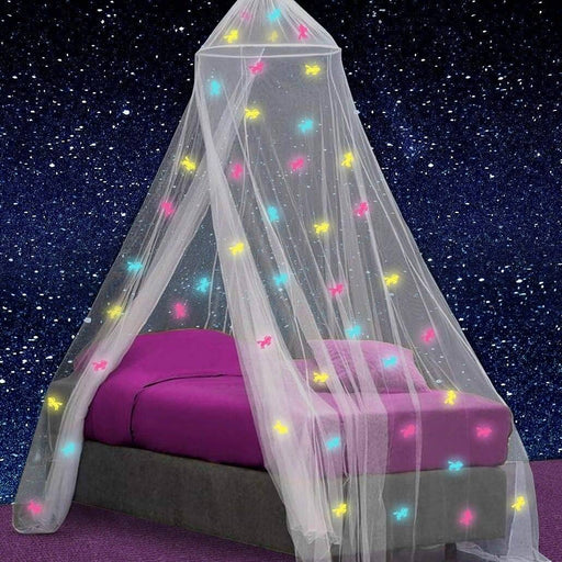 White princess bed canopy for girls, toddler mosquito net for kids bedroom, full size childrens twin bed, glow in the dark unicorns