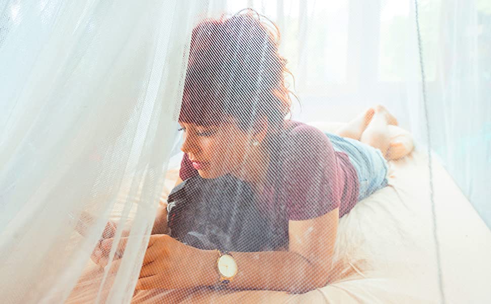 Illustration of a person resting comfortably under a mosquito net, creating a peaceful sleep environment.
