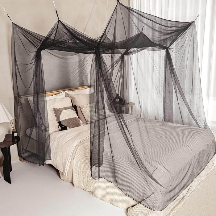 Black Mosquito Net for Single to King-Sized Beds – 2 Side openings & 6 Hanging Loops – Decorative Rectangular Shape for Home & Travel – Bed Canopy