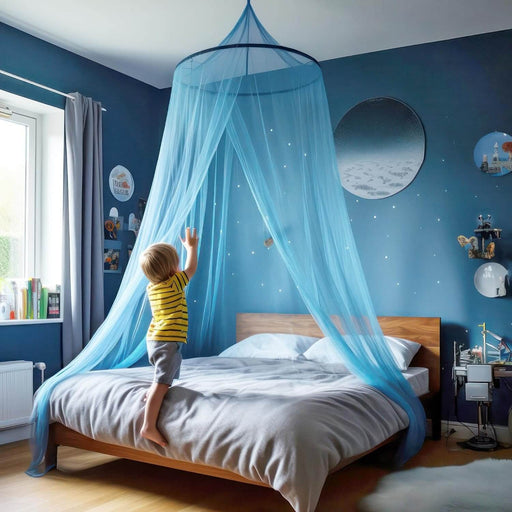 Blue princess bed canopy for girls, toddler mosquito net for kids bedroom, full size childrens twin bed