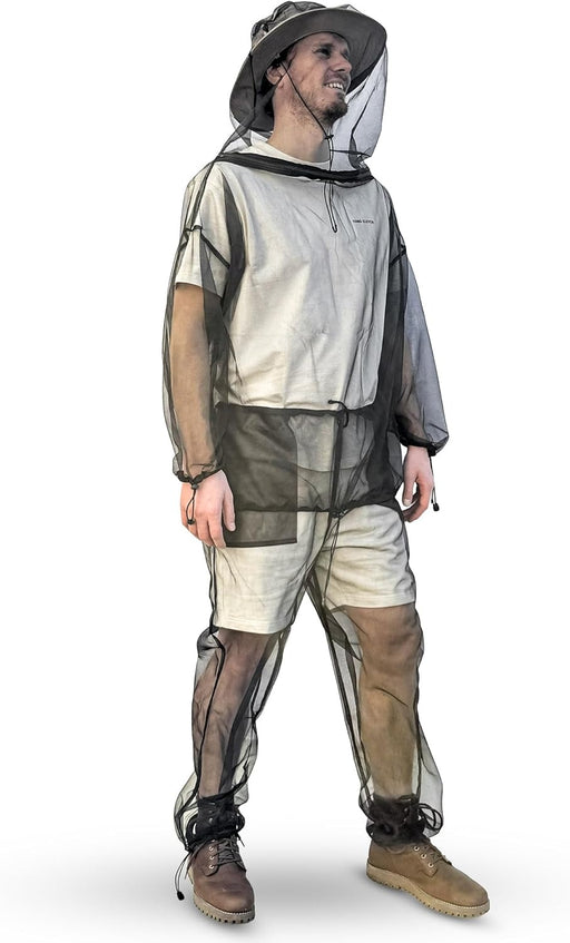 Lightweight mosquito net suit with hooded jacket and pants, breathable No-See-Um mesh for full-body insect protection during camping, hiking, or fishing