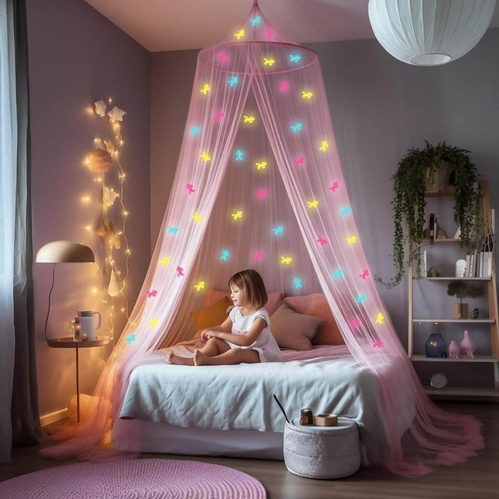Pink Canopy for Girls Bed with Pre-Glued Glow in The Dark Unicorns - Princess Mosquito Net Room Decor - Kids & Baby Bedroom Tent with Galaxy Lights