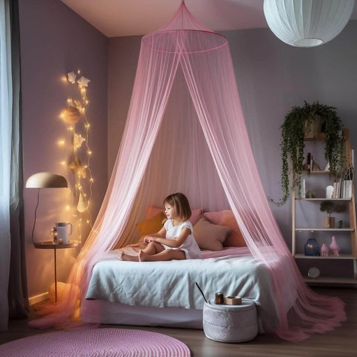 Pink princess bed canopy for girls, toddler mosquito net for kids bedroom, full size childrens twin bed