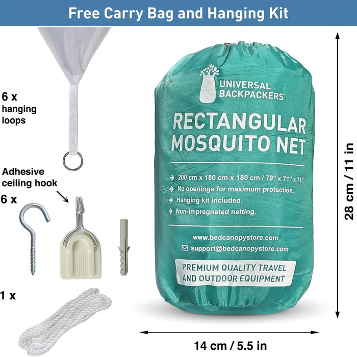 Black mosquito net with carry bag and hanging kit for easy setup