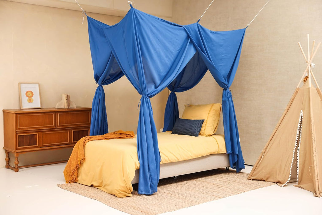 Cotton-poly blue canopy providing cozy insect-free sleeping area
