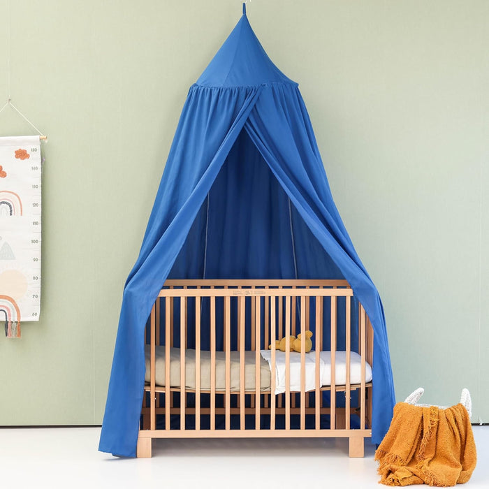 Elegant blue bed canopy for baby nursery and toddler bedroom