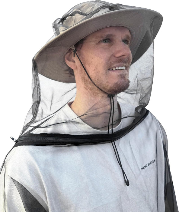 Two-piece outdoor bug protection suit with breathable mesh fabric, black and green color options, and included carrying pouch