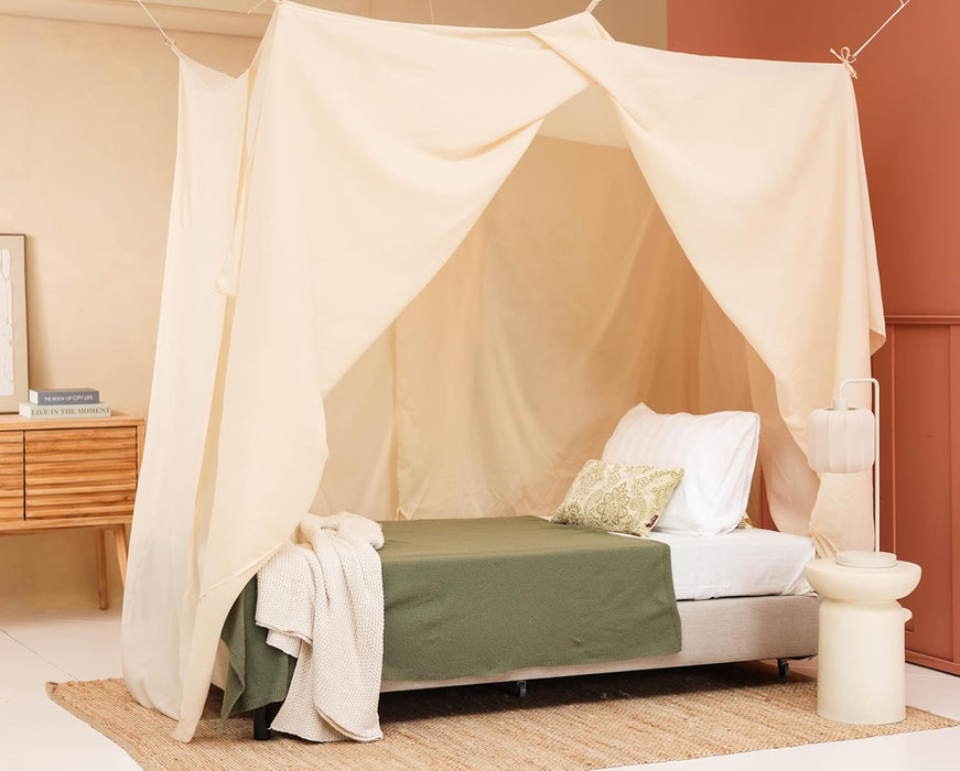 Cream beige bed canopy providing full coverage for single bed