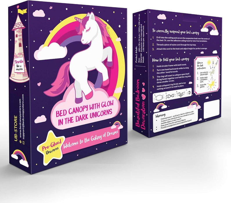 Gift idea packaging for purple bed canopy with glow in the dark unicorns, child bedroom mosquito net packaging