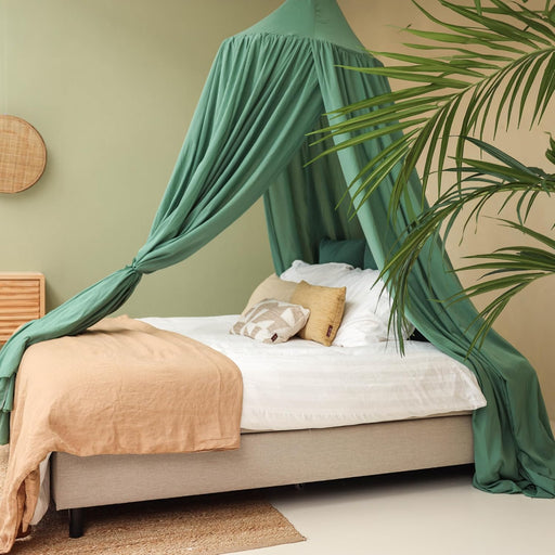 Green bed canopy hanging over Queen size bed in elegant bedroom