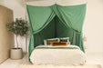 Green rectangular bed canopy hanging over Queen size bed in elegant bedroom