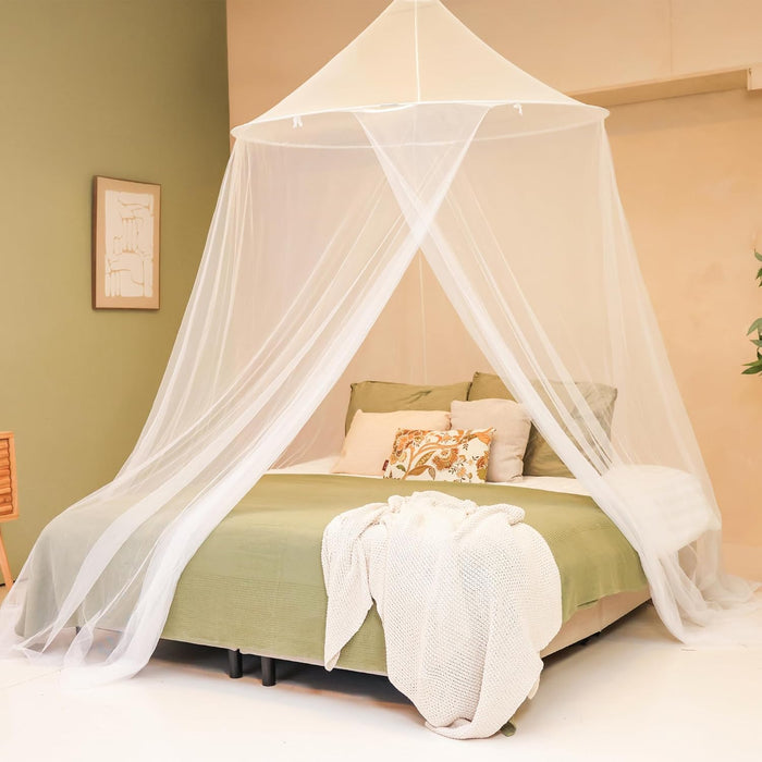 Large mosquito net canopy for bed or outdoor use with conical shape and wide protective coverage