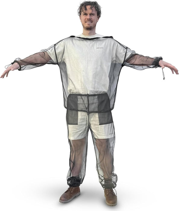 Protective outdoor clothing set with breathable mosquito netting, adjustable cuffs, waist, and ankles, lightweight and chemical-free fabric