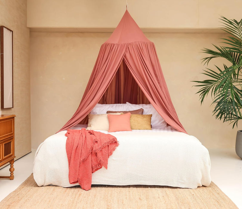 Easy-to-install pink bed canopy with ceiling hook and hanging kit