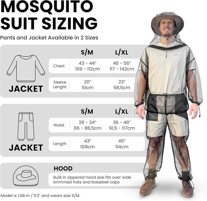 Mosquito net suit with removable hood and breathable jacket and pants, lightweight and durable mesh for camping, hiking, and outdoor insect protection