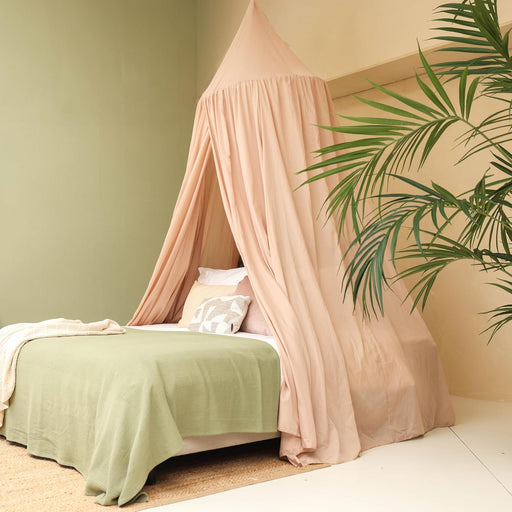 Nougat bed canopy hanging over Queen size bed in elegant bedroom