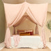 Nougat rectangular bed canopy hanging over Queen size bed in elegant bedroom