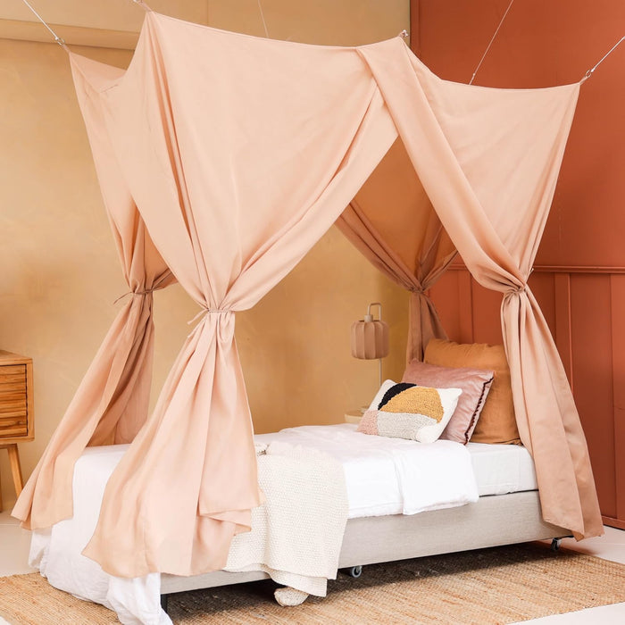 Breathable cotton-poly nougat canopy creating warm and stylish bedroom