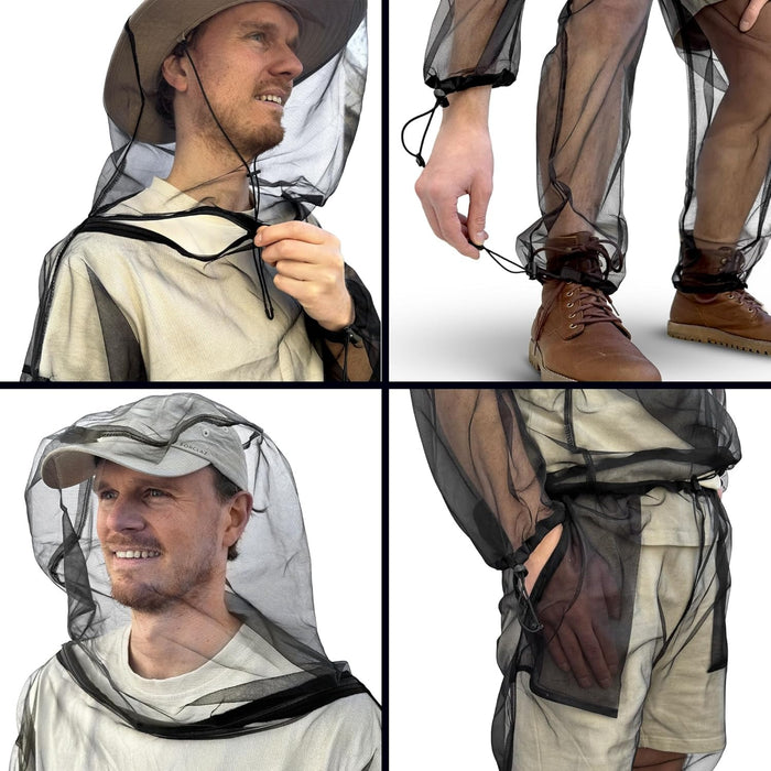 Full-body mosquito net suit with hooded jacket and pants, breathable No-See-Um mesh, lightweight and adjustable for comfortable outdoor insect protection
