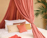 Soft cotton-poly pink canopy creating cozy insect-free atmosphere