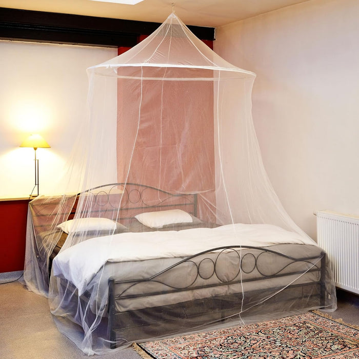 Extra-large conical mosquito net with 5-foot top ring for spacious indoor and outdoor bug protection.