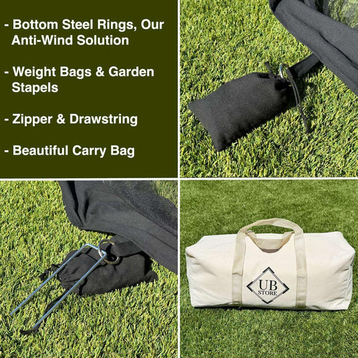 Heavy-weight bags, steel rings, and tent pins included with the black umbrella mosquito net for secure setup.