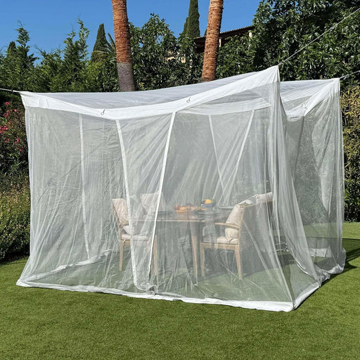 8.2x8.2FT White Outdoor Mosquito Net set up on a patio