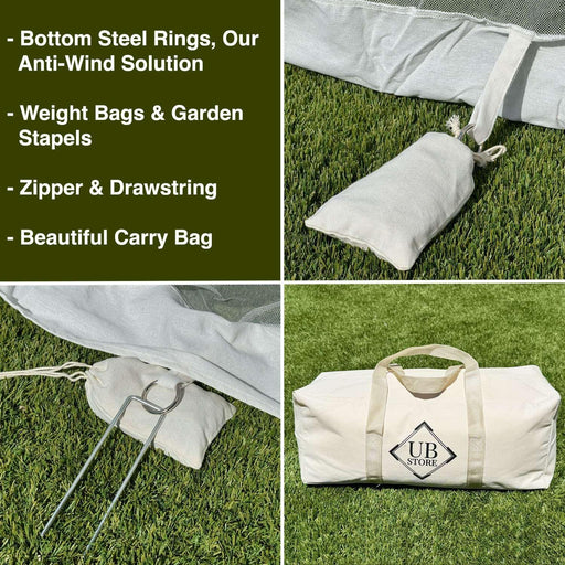 Heavy-weight bags, steel rings, and tent pins included with the white umbrella mosquito net for secure setup.